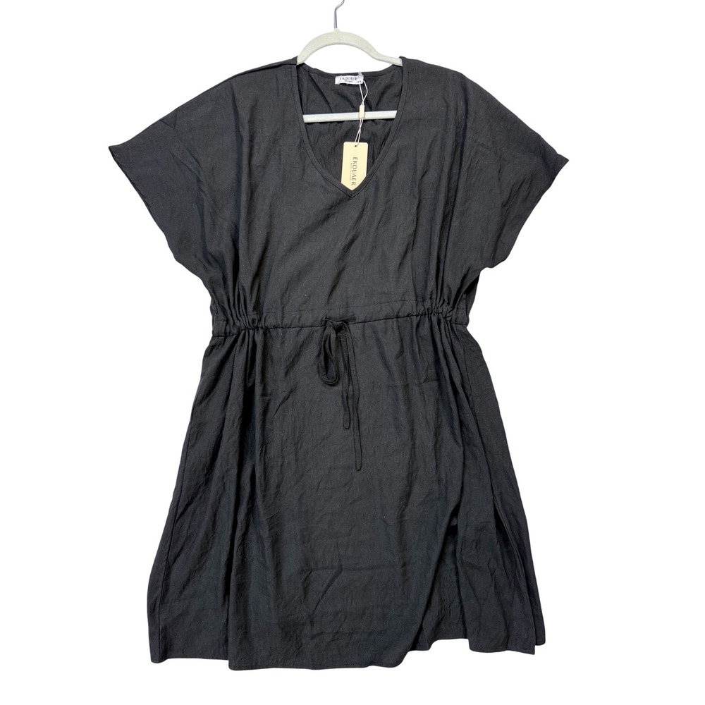 Ekouaer Black V-Neck‎ Drawstring Waist Swim Cover Up Dress 3XL NWT